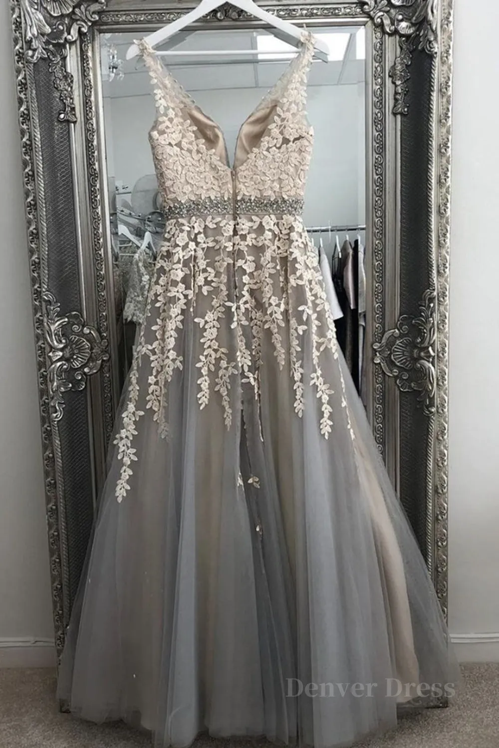 A Line V Neck Gray Lace Long Prom Dress with Belt Gray Lace Floral Formal Dress Gray Lace Evening Dress