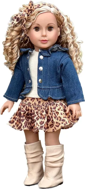 Adventure - Clothes for 18 inch Doll - 5 Piece Outfit - Jeans jacket, Ivory Tank Top, Skirt, Scarf and Boots