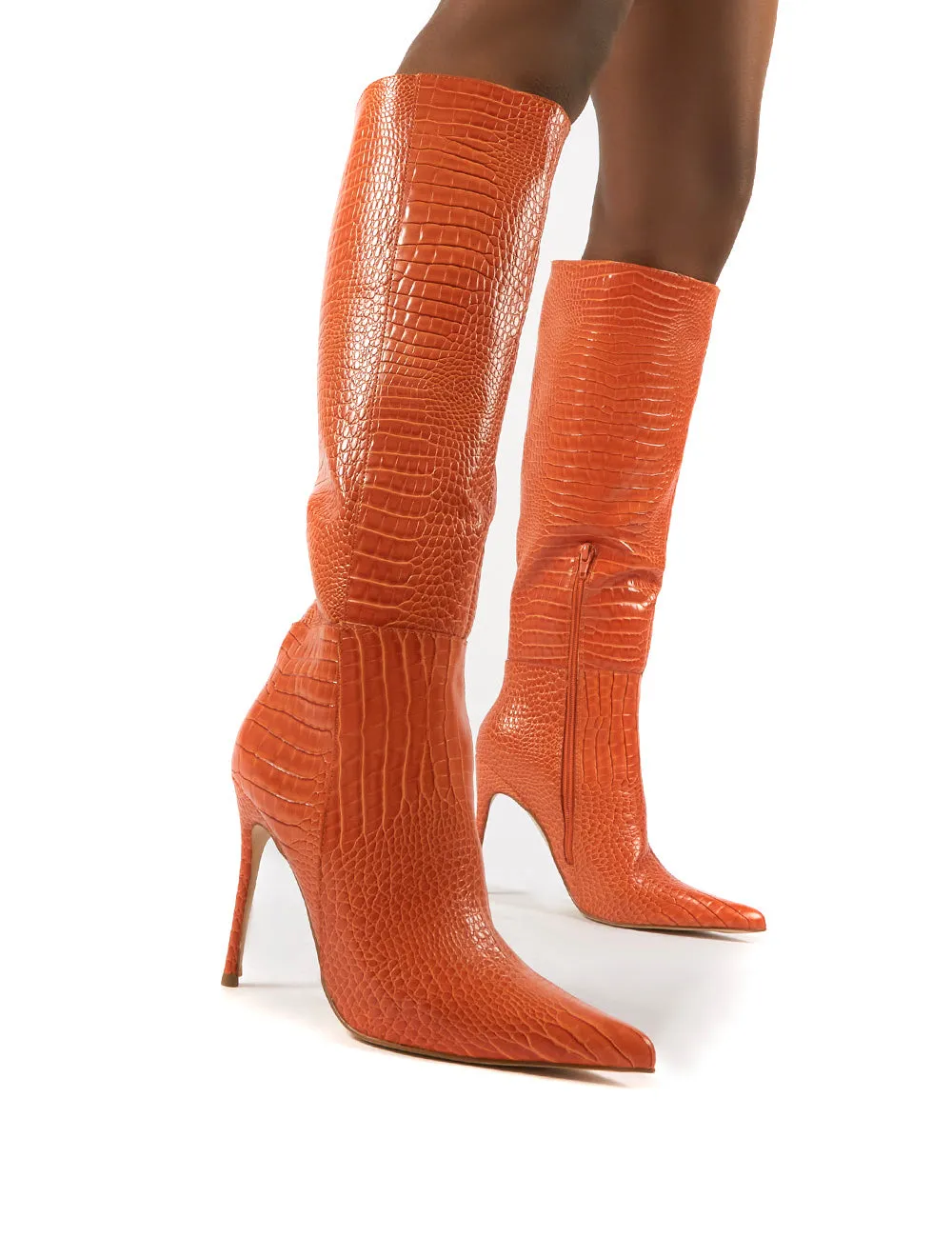 Aimi Orange Croc Knee High Stiletto Heel Boots