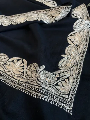 Black Pashmina Wrap adorned with Water Gold Zari Embroidery.