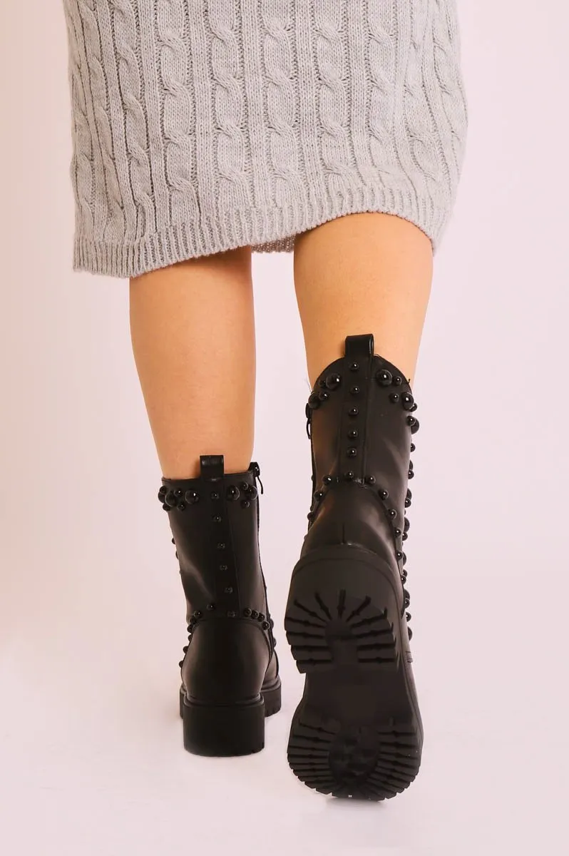 Black PU Leather Beaded Detail Lace Up Boots - Carlissa