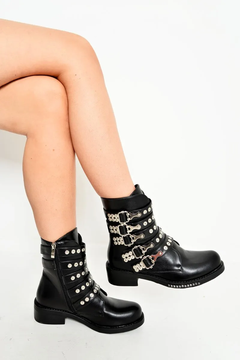 Black PU Stud Buckle Detail Biker Boots - Kendel