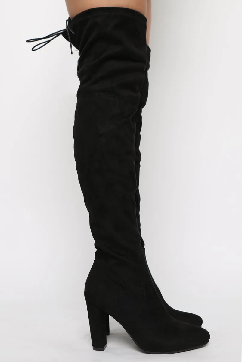 Black Suede Drawstring Stretch Block Heel Thigh High Boots - Kimora