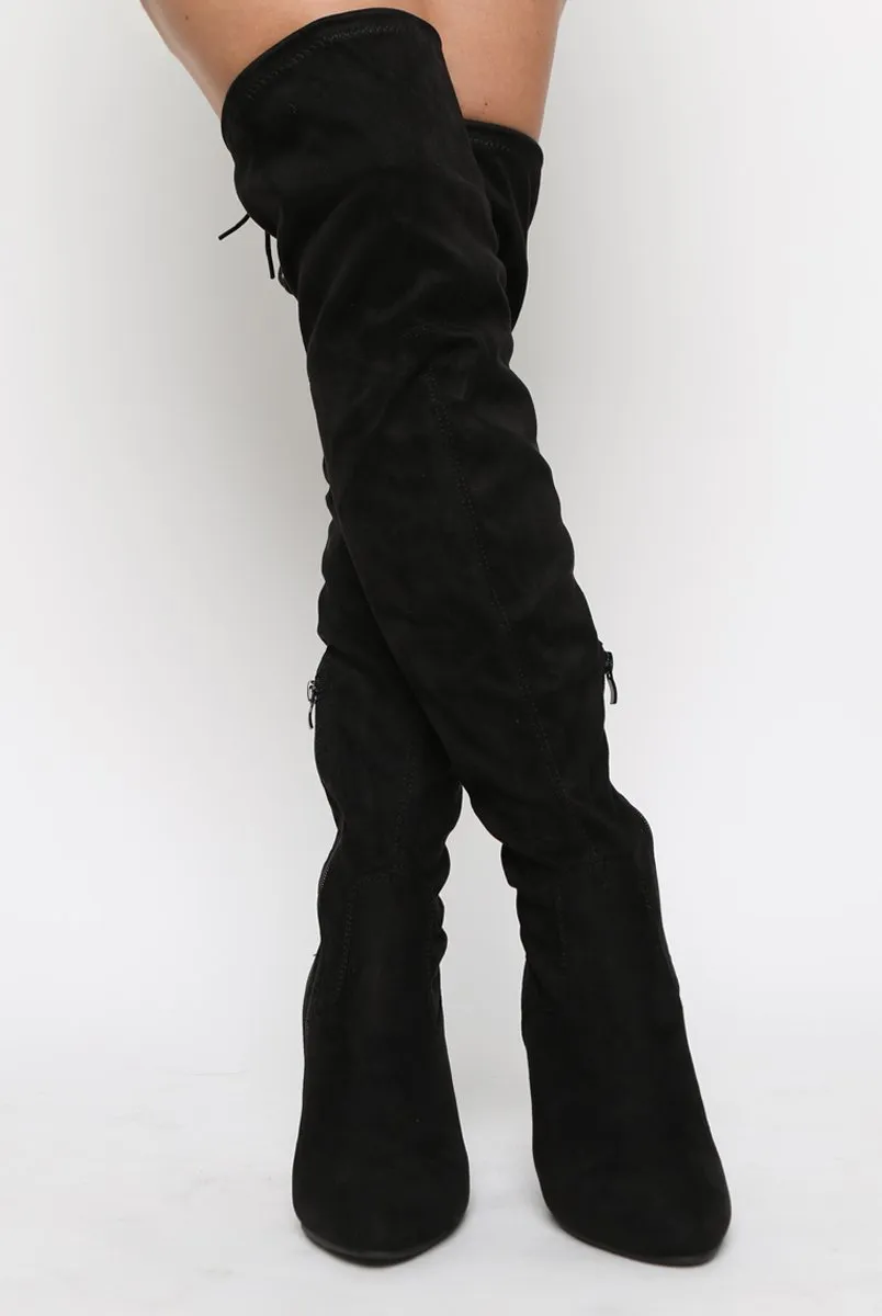 Black Suede Drawstring Stretch Block Heel Thigh High Boots - Kimora