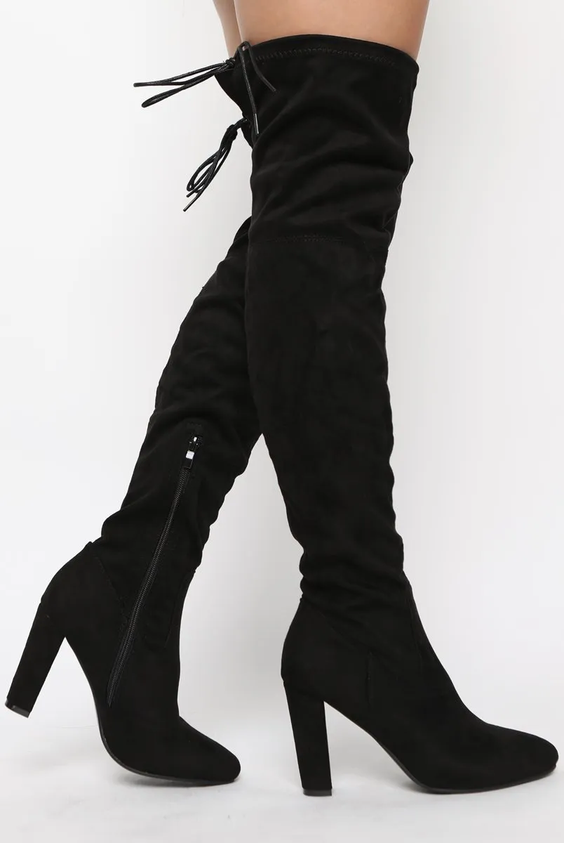 Black Suede Drawstring Stretch Block Heel Thigh High Boots - Kimora