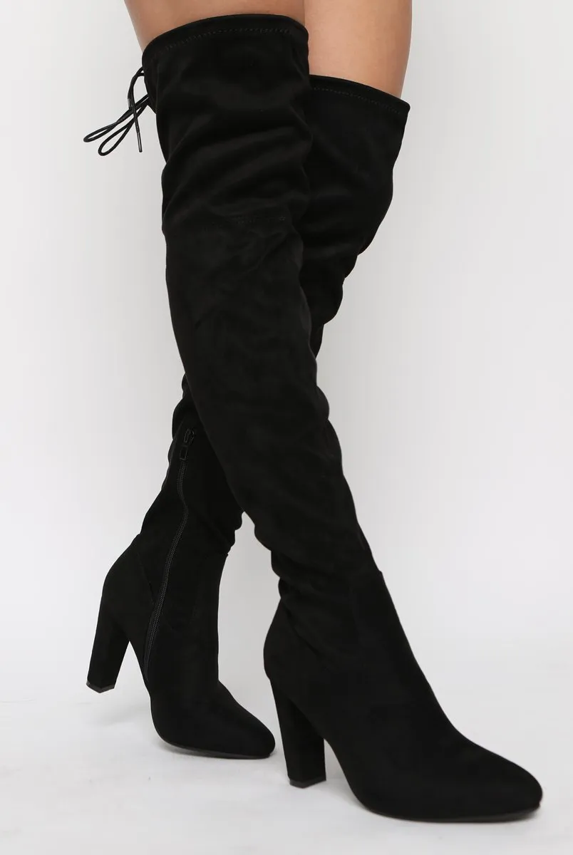 Black Suede Drawstring Stretch Block Heel Thigh High Boots - Kimora