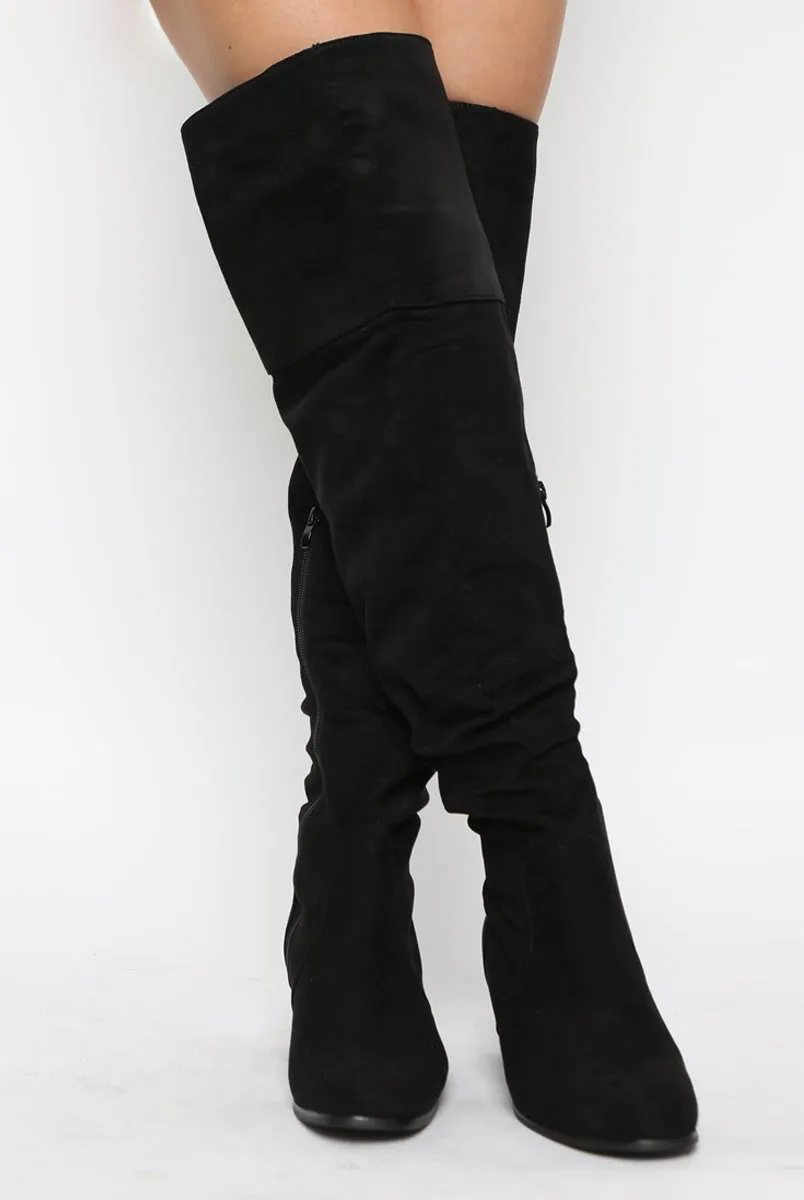 Black Suede Split Back Heeled Knee High Boots - Reyna