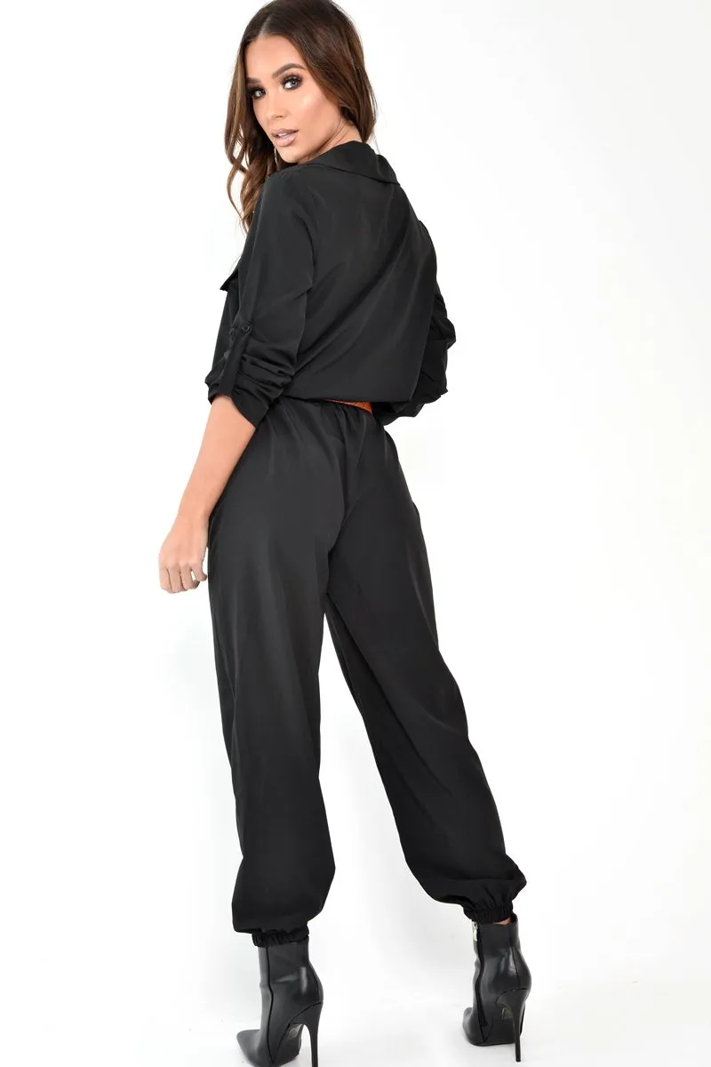 Black Woven Button Down Boiler Jumpsuit - Janise