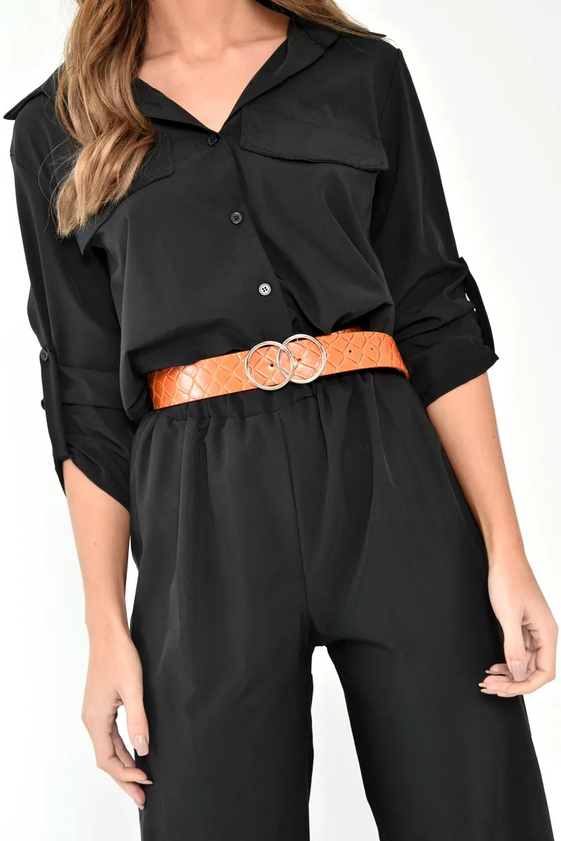 Black Woven Button Down Boiler Jumpsuit - Janise