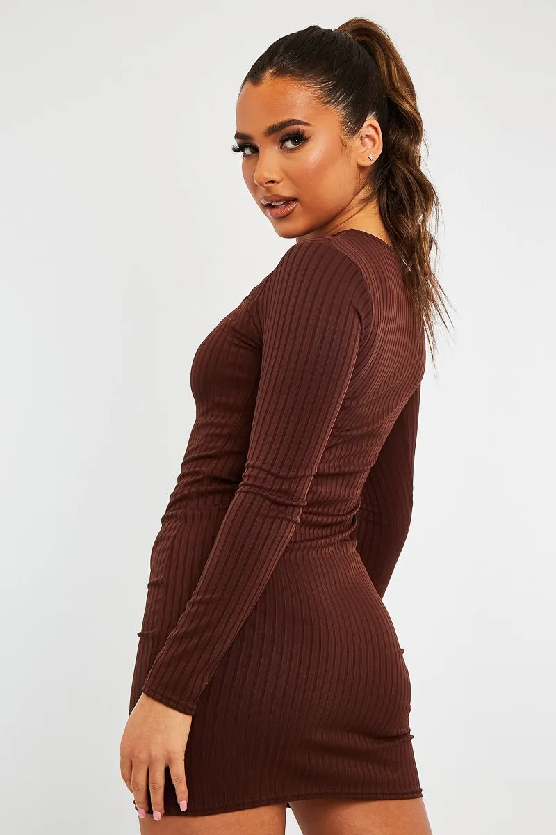 Brown Ribbed Cut Out Mini Dress - Ayana