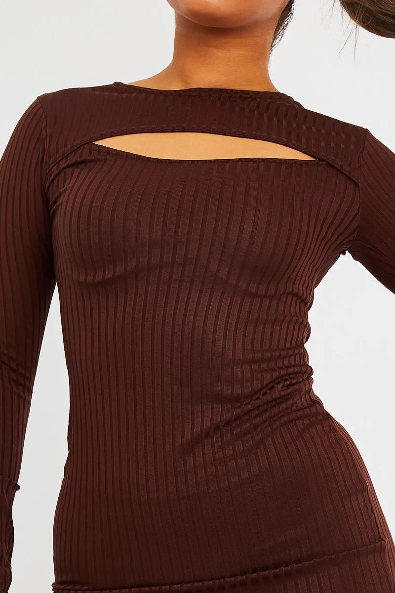 Brown Ribbed Cut Out Mini Dress - Ayana