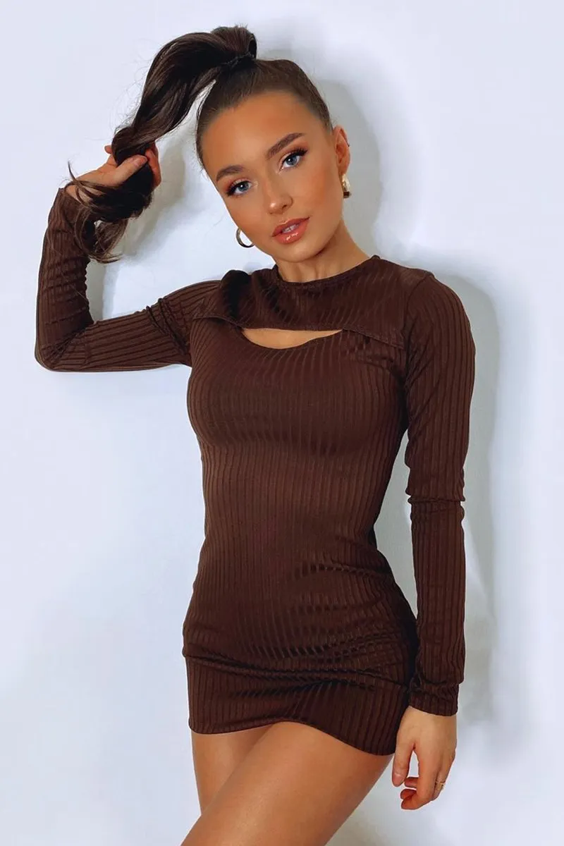 Brown Ribbed Cut Out Mini Dress - Ayana