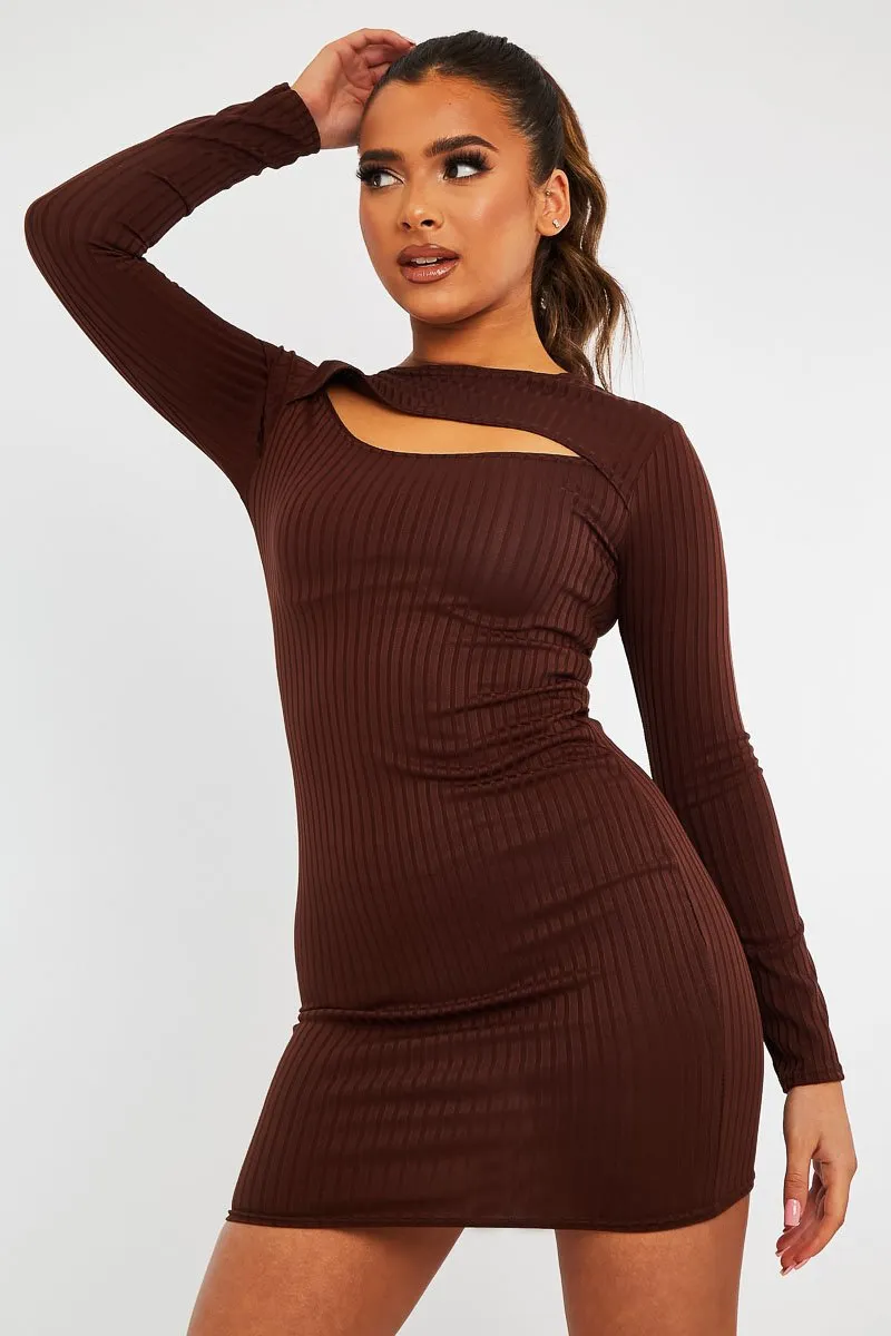 Brown Ribbed Cut Out Mini Dress - Ayana