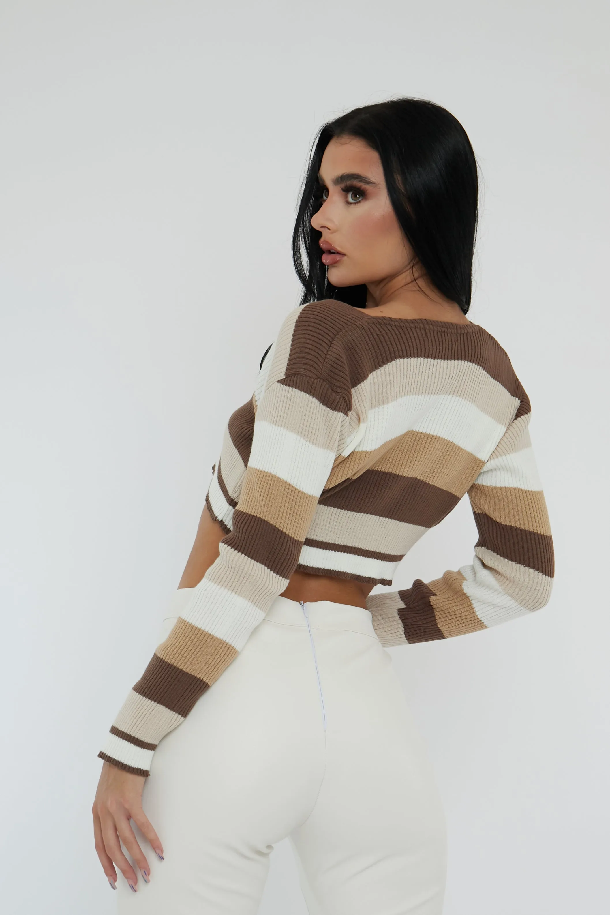 Brown Stripe Tie Front Knit Crop Top - Sylah