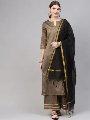 Dark Brown Straight Kurta Set With Palazzo & Black Chanderi Dupatta