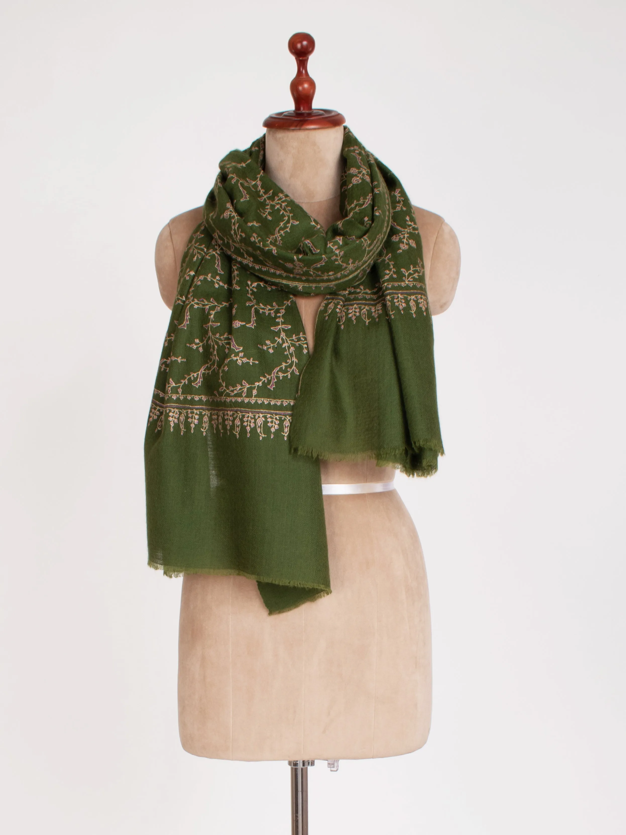 Dark Olive Sozni Embroidered Cashmere Gift Scarf