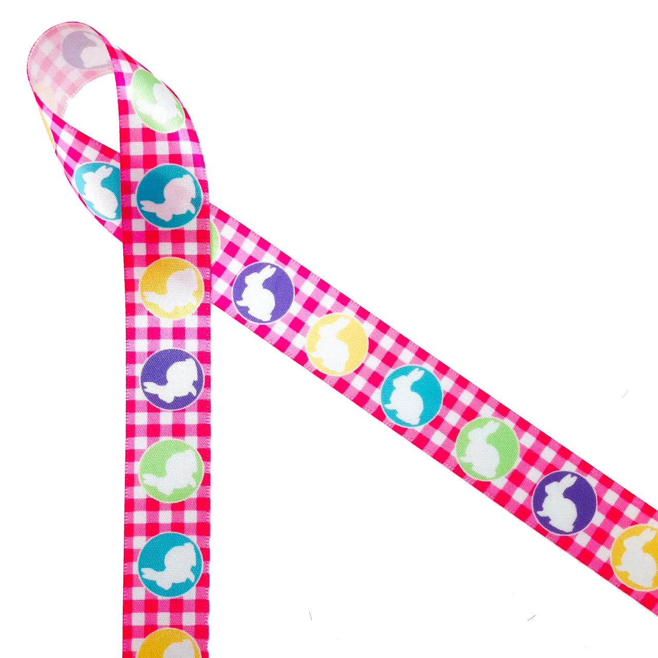 Easter ribbon pink gingham with bunnies  printed on 7/8" white satin