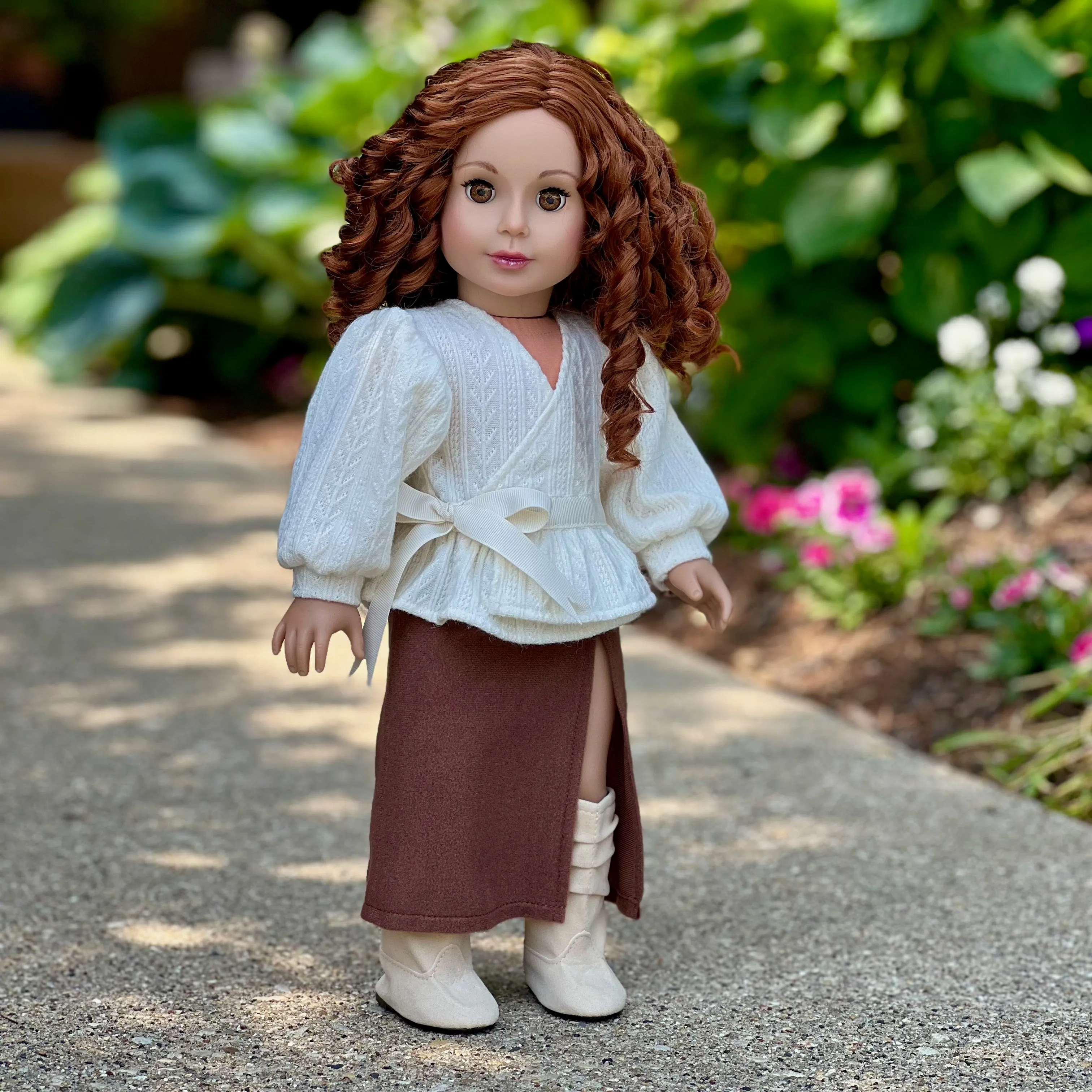 Fashion Fusion - 3 Piece Outfit for 18 inch Doll - Ivory Blouse, Brown Skirt and Ivory Boots - 18 inch Doll Clothes ( Doll Not Included)