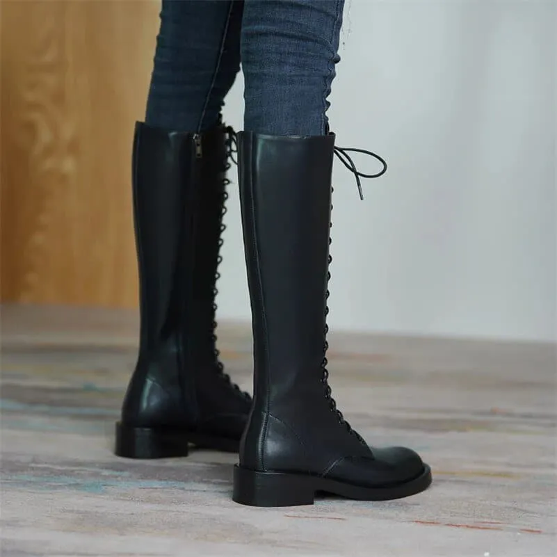 Genuine Leather Knee High Boots - Fashionable & Durable Flat Heel Boot