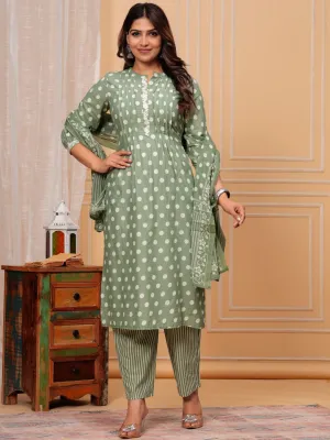 Geometric Printed Thread Work Regular Pure Cotton Kurta With Palazzos & Dupatta