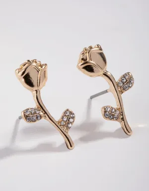 Gold Rose Stem Stud Earrings