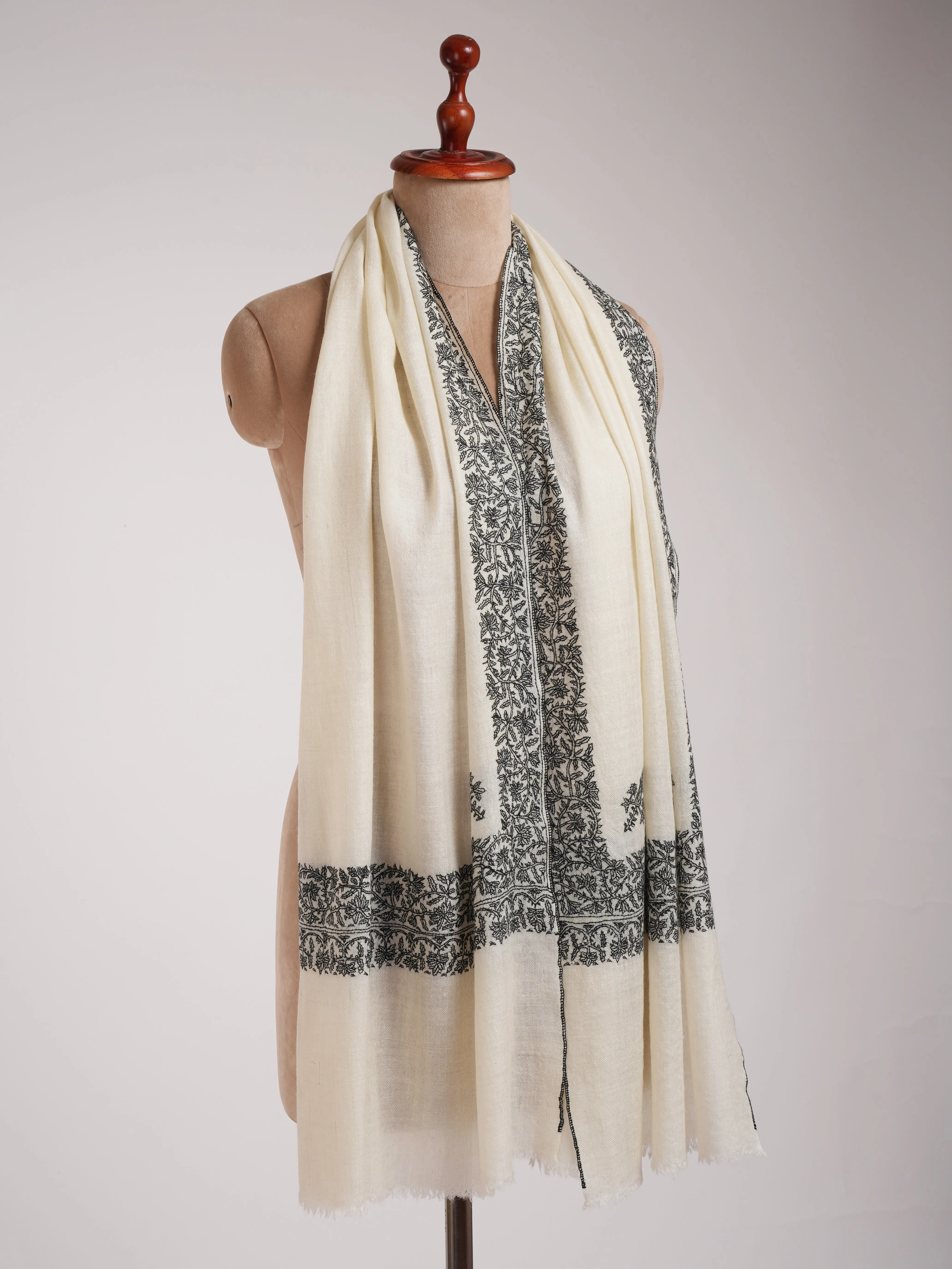 Ivory Cashmere Scarf in Black Sozni Embroidery