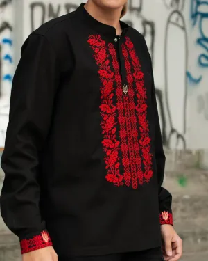 Men's vyshyvanka with red embroidery on black