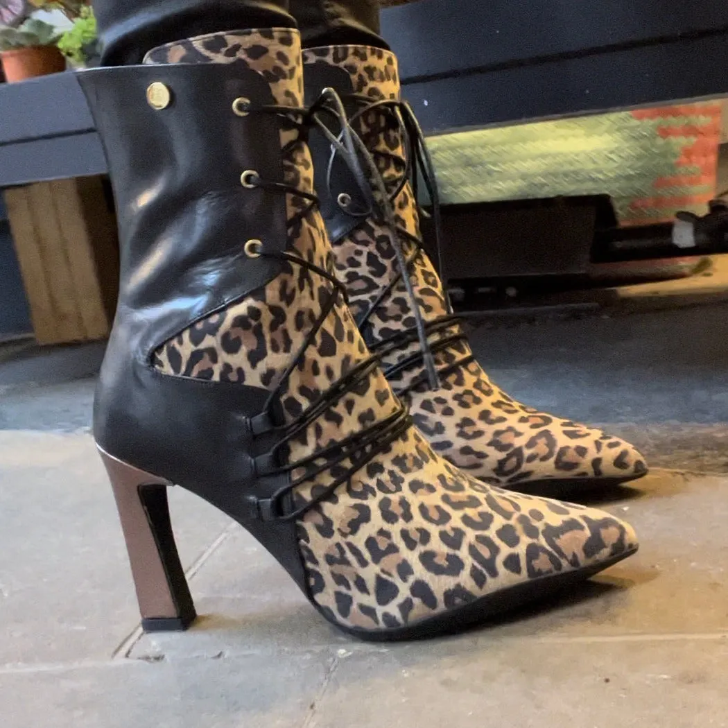 Mina - Black leopard ankle heel boot