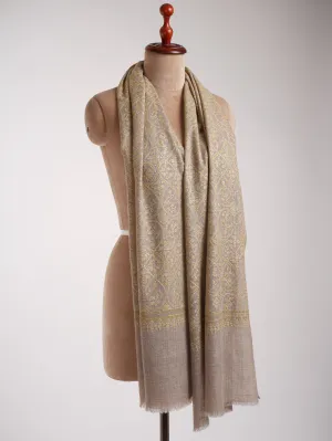 Natural Grey Indian Cashmere Stole with Olive Sozni Embroidery.