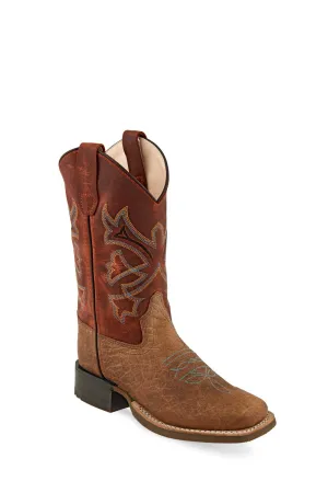 Old West Brown/Burnt Red Youth Boys Leather Cowboy Boots 4D