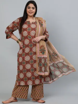 Plus Size Women Brown Printed Straight Kurta With Palazo & Dupatta