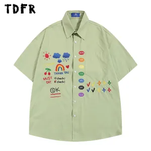 Rainbow Embroidery Short Sleeve Shirts with Lapel and Half-Sleeve