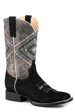 Roper Footwear Ladies Black Suede Cheyenne Broad Square Toe Boots with Grey Southwest Embroidered Tops