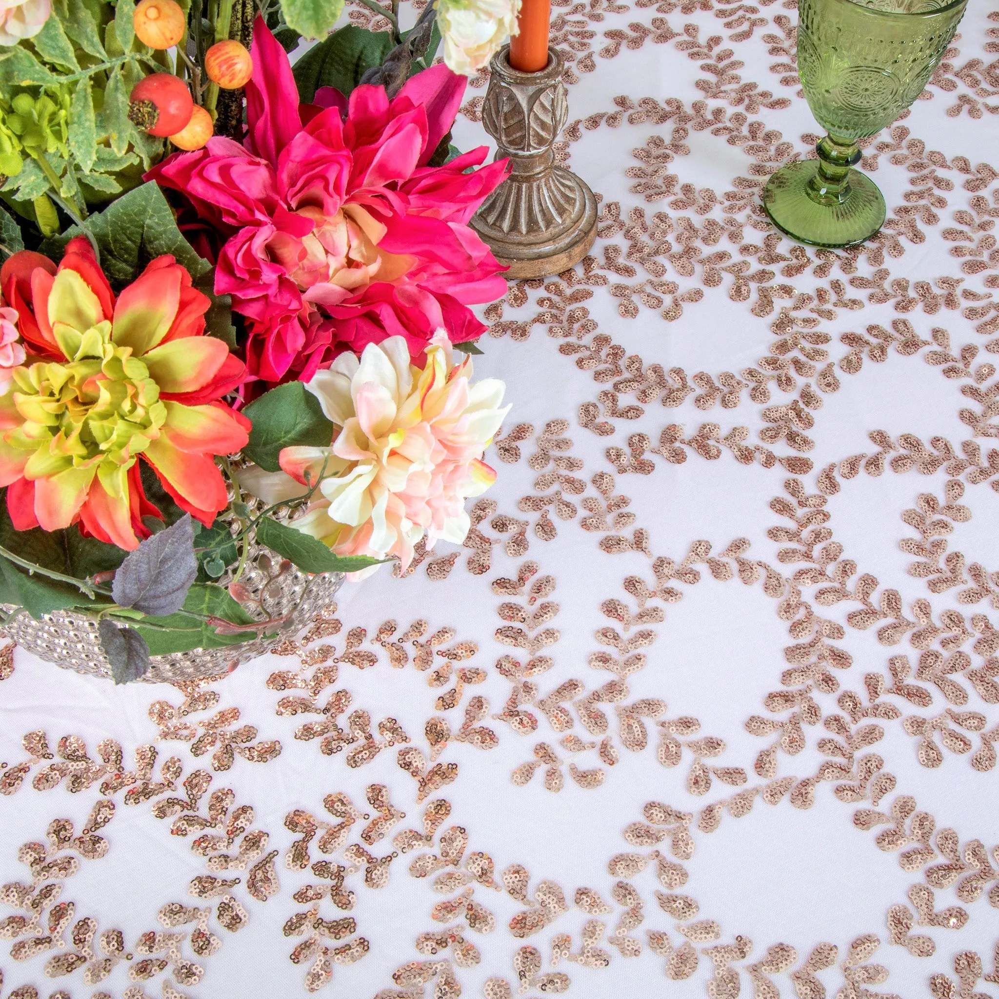 Sequin Vine Tablecloth Overlays 120" Round  - Blush/Rose Gold