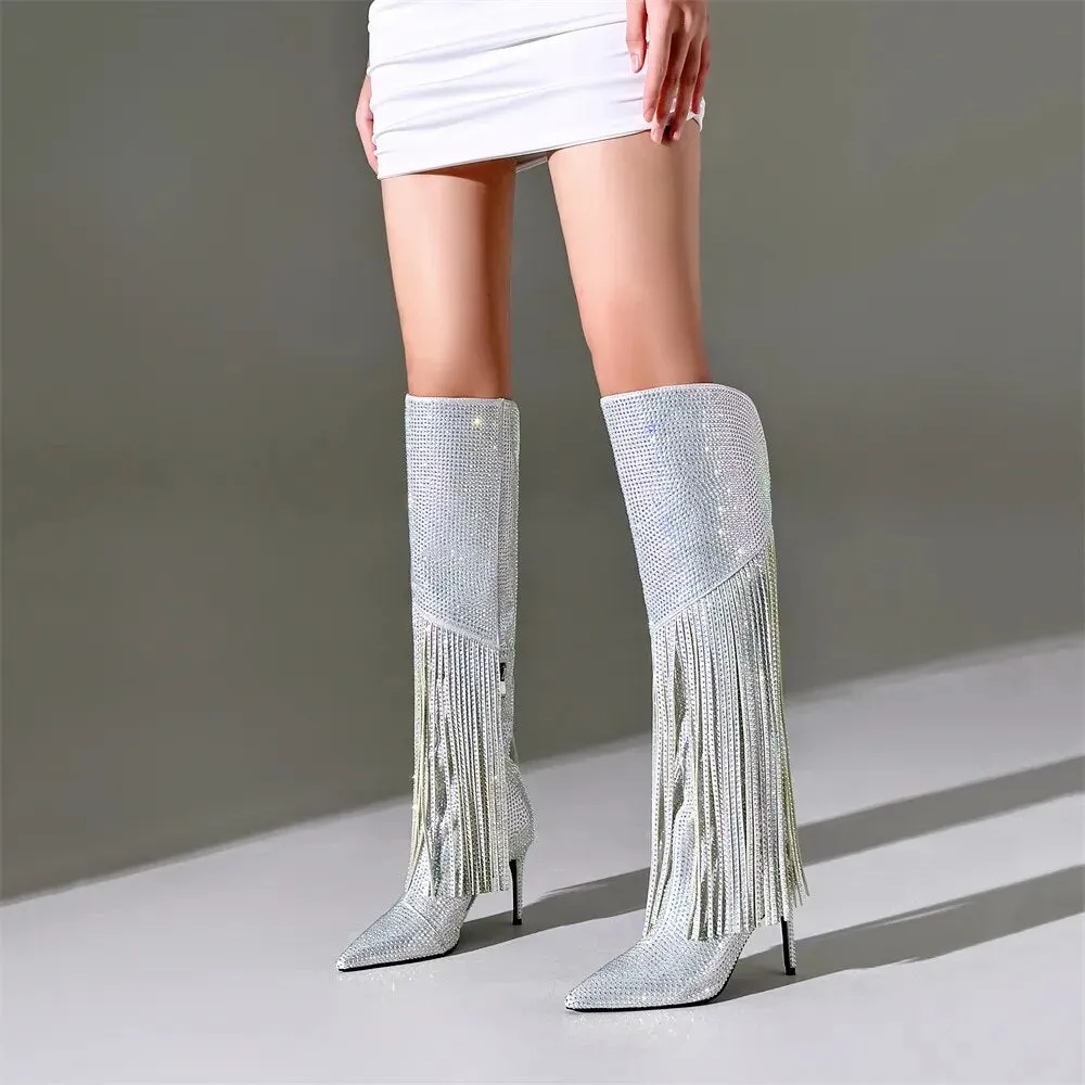 Trendy Tassels Rhinestone High Heel Boots