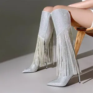 Trendy Tassels Rhinestone High Heel Boots