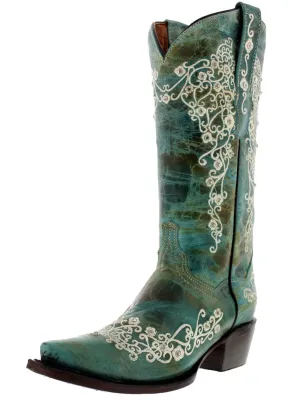 Womens Stella Turquoise Leather Cowboy Boots - Snip Toe